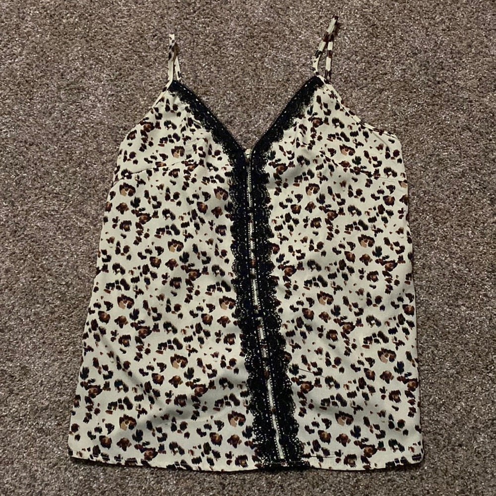 Leopard Print Black Lace Detail Tank Top